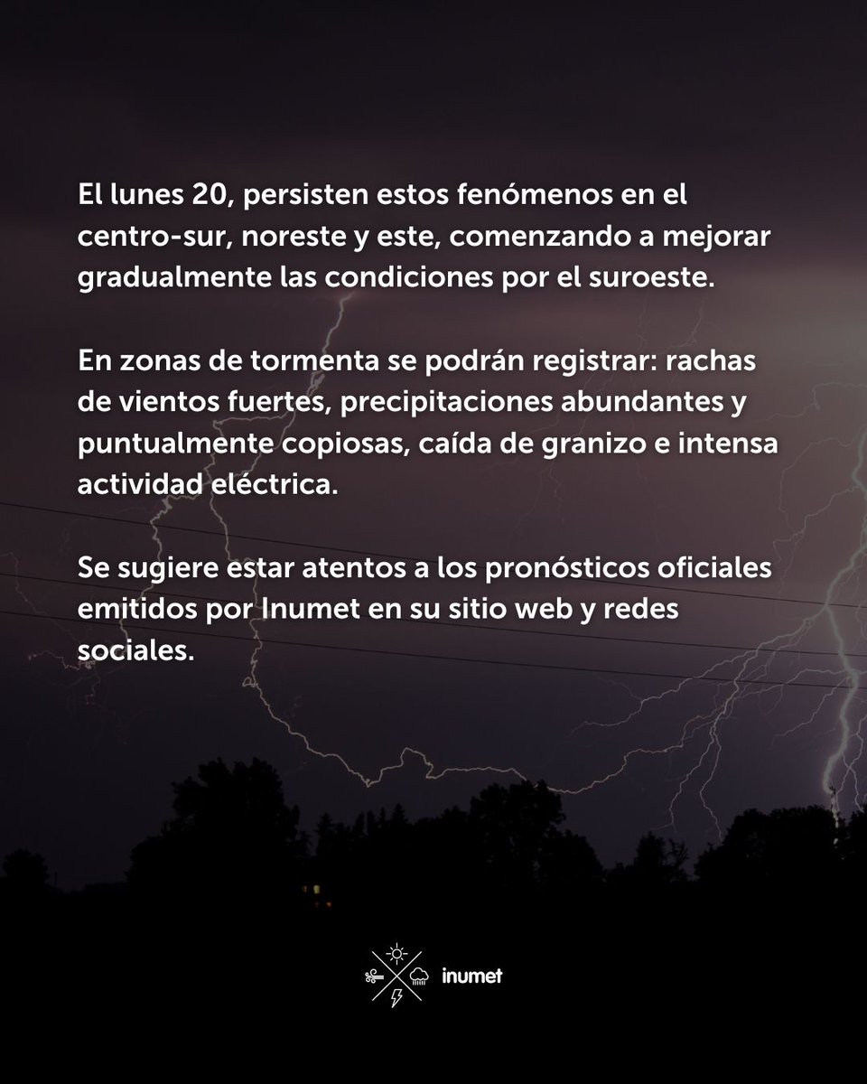 #AvisoALaPoblación por tormentas fuertes y precipitaciones puntualmente abundantes desde la la tarde del viernes 17

inumet.gub.uy