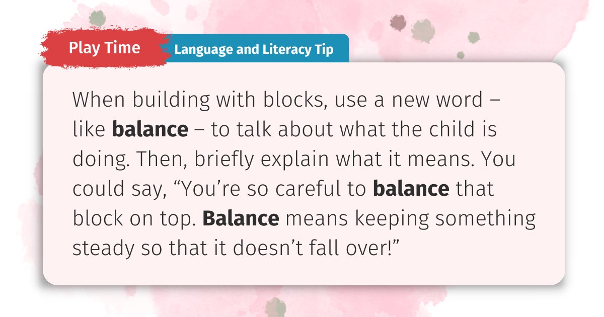 Children’s vocabulary grows when they participate in conversations and hear new words. To help a child understand a new word, use strategies to highlight the word.

Here is a fun tip to try during play time!

Sign up to be notified about the next set of tips: