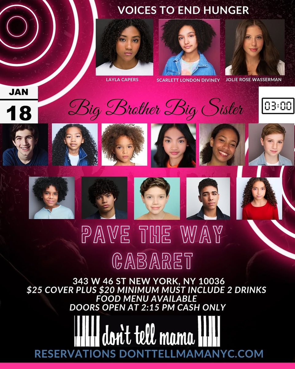 TOMORROW: Voices to End Hunger will host a concert at Don't Tell Mama with kids from "The Lion King", "A Soulful Christmas", "Tina", "Appropriate", and more! Make reservations at donttellmama.com.