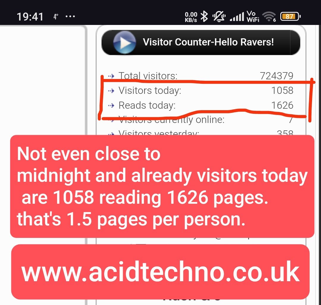 Acid909 (@acid909) on Twitter photo acidtechno.co.uk has had so far today 1058 visitors looking at 1626 pages on the site which works out to be 1.5 pages per person. If you want content on the site email info@acidtechno.co.uk #acid #techno acidtechno.co.uk has had so far today 1058 visitors looking at 1626 pages on the site which works out to be 1.5 pages per person. If you want content on the site email info@acidtechno.co.uk #acid #techno