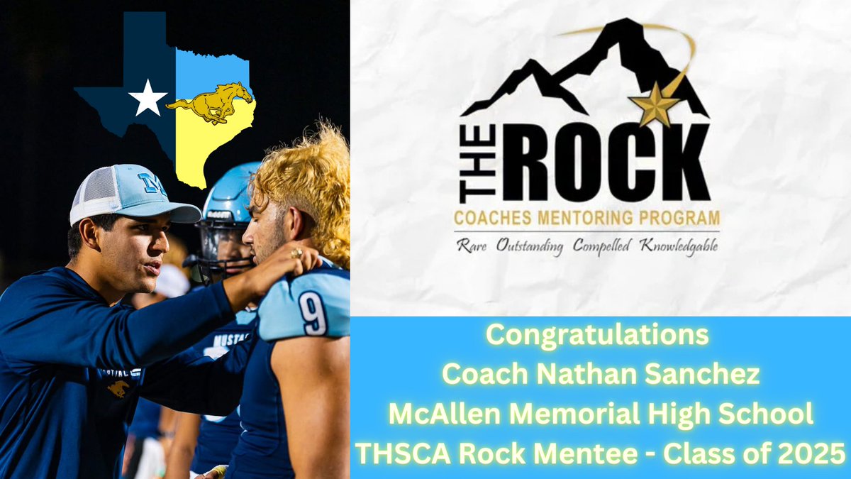 mospatterson's tweet photo. Congratulations Coach Nathan Sanchez on being named to the 2025 THSCA Rock Mentoring Program.  From a Mustang player to a coach, we are proud of the work you have done for our program, and are looking forward to your continued growth.  Thank you for being a phenomenal leader on the field and in the classroom. #StrongerTogether #MustangLeaders #MustangNation #RockStar