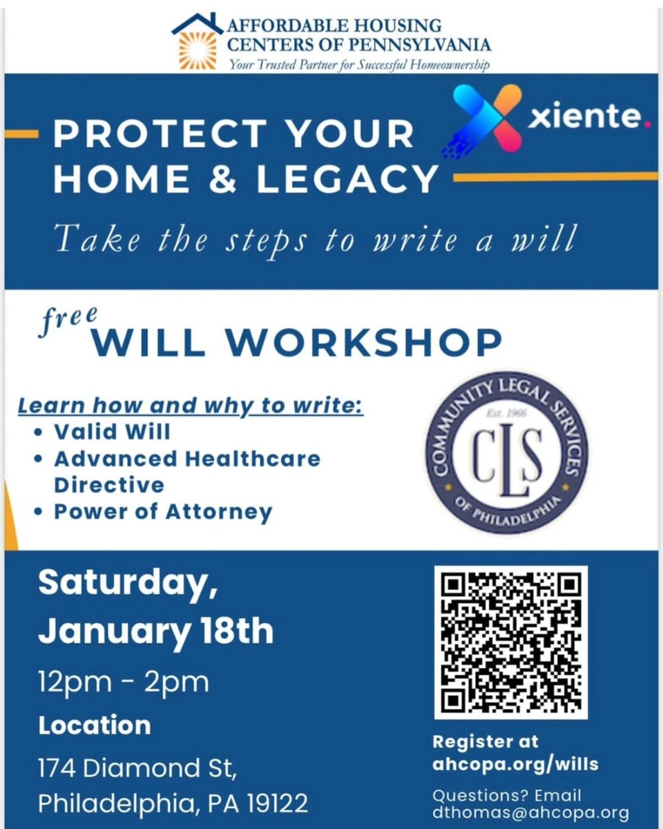Tomorrow!! We're partnering with <a href="/Xiente_/">Xiente</a>  and <a href="/CLSphila/">Community Legal Services of Philadelphia</a>  to offer a free Will Workshop in both Spanish and English! Join us to get your affairs in order!