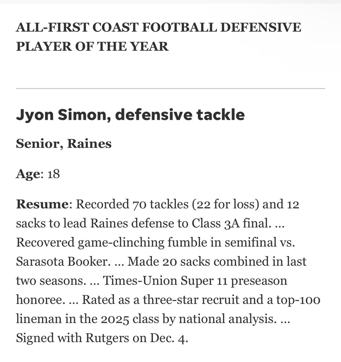 Jyon “BigCatt” Simon (@jyon_simon) on Twitter photo Blessed to receive the accolades to be Named Defensive Player of the Year on both Sports4Jax and Florida Times Union. Now we on to bigger and better things on the collegiate level. CHOP🪓<a href="/RFootball/">Rutgers Football 🪓</a> <a href="/rainesfootball/">Raines High School Football</a> <a href="/RickieFLASimon/">Rickie fla</a> Blessed to receive the accolades to be Named Defensive Player of the Year on both Sports4Jax and Florida Times Union. Now we on to bigger and better things on the collegiate level. CHOP🪓<a href="/RFootball/">Rutgers Football 🪓</a> <a href="/rainesfootball/">Raines High School Football</a> <a href="/RickieFLASimon/">Rickie fla</a>