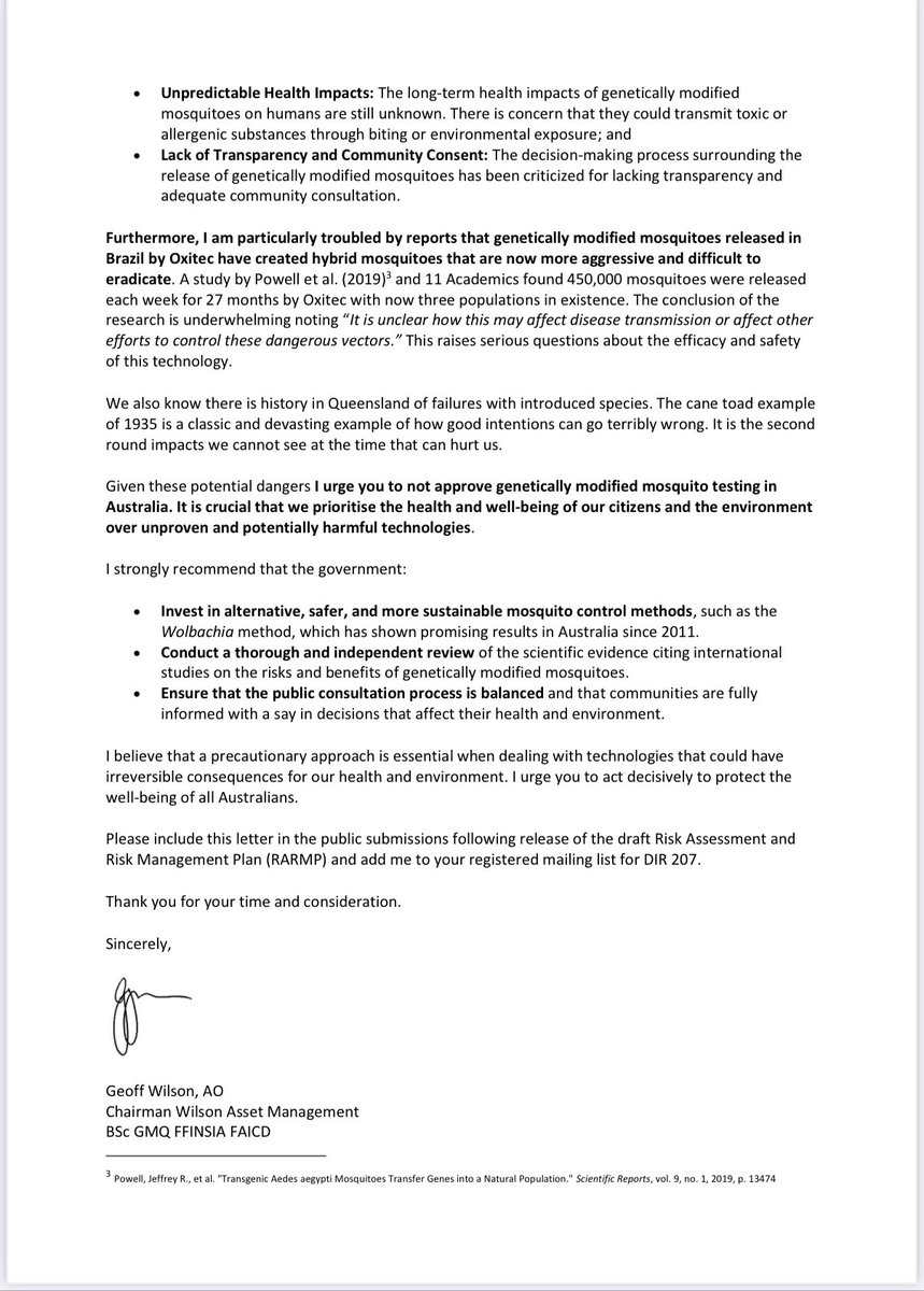 GeoffWilsonWAM's tweet image. ** IMPORTANT **
Don’t Approve the release of Genetically Modified Mosquitoes. My urgent letter to the Australian Government @healthgovau

The potential risks to your health and the wider community are significant!!

After reading, what are your thoughts ? Please send your own…
