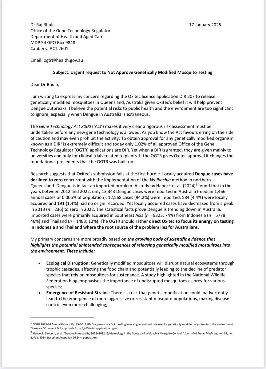 GeoffWilsonWAM's tweet image. ** IMPORTANT **
Don’t Approve the release of Genetically Modified Mosquitoes. My urgent letter to the Australian Government @healthgovau

The potential risks to your health and the wider community are significant!!

After reading, what are your thoughts ? Please send your own…