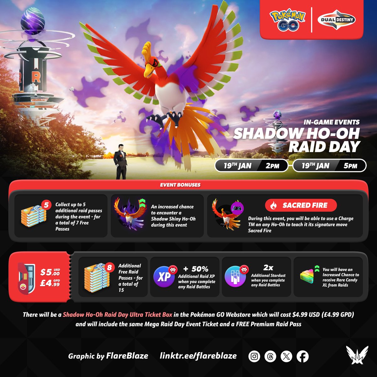 FlareblazeA's tweet image. Get ready for the first Shadow Raid Day in #PokemonGO, featuring the Rainbow Pokémon #ShadowHoOh 🌈 👿 

🗓️ Sun 19th Jan from 2pm - 5pm Local time 

😈 ALL Gyms during this period will spawn at ALL gyms, hopefully refreshing every 30 minutes. 

✨ You will have an increased