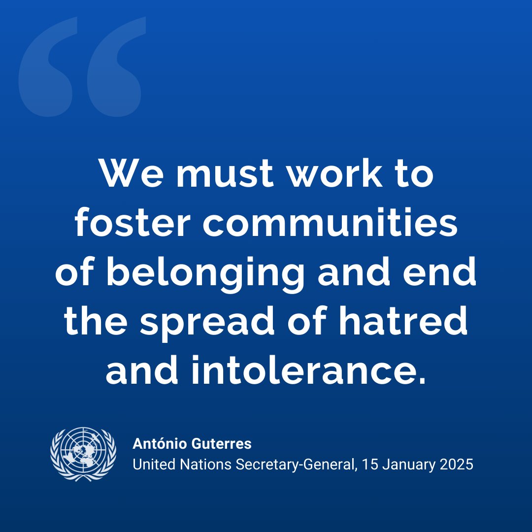 United Nations (@un) on Twitter photo “We must work to foster communities of belonging and end the spread of hatred and intolerance —including antisemitism, anti-Muslim bigotry and discrimination against minority Christian communities.”
— <a href="/antonioguterres/">António Guterres</a> “We must work to foster communities of belonging and end the spread of hatred and intolerance —including antisemitism, anti-Muslim bigotry and discrimination against minority Christian communities.”
— <a href="/antonioguterres/">António Guterres</a>