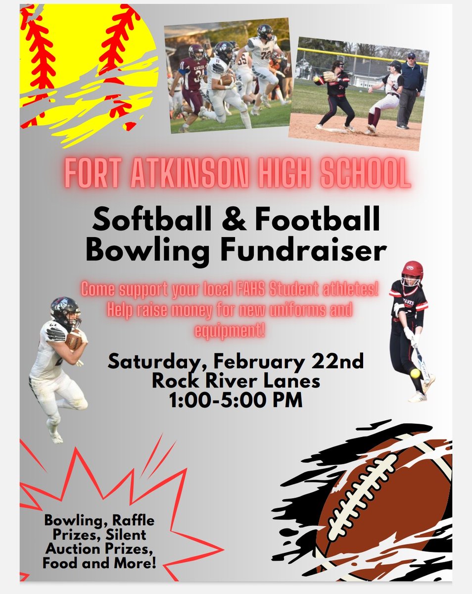 We will be holding our 4th annual Football - Softball Fundraiser February 22nd at Rock River Lanes from 1-5 pm!  Come support your local Fort student athletes and enjoy the community together as we raise funds for both programs!