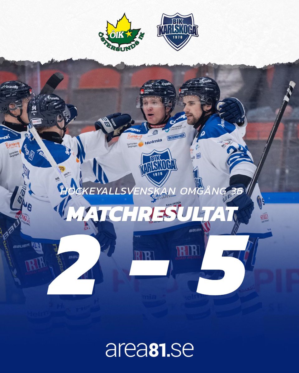Sjunde raka! 🚂 

BIK vinner kvällens match i Östersund med 5-2.

Målskyttar för BIK är Kalle Jellvert, Hampus Plato, Leevi Viitala, Rikard Olsén och Tobias Sjökvist.

#BIKKarlskoga #StoltaBIKARE

📸: Peter Hedman