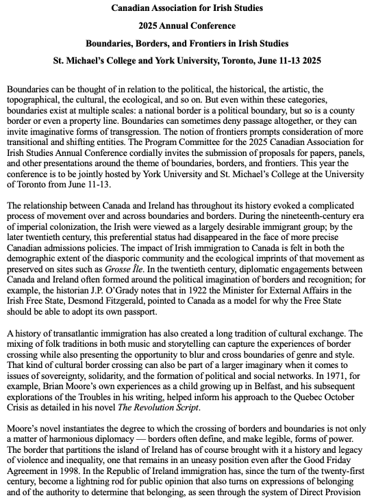 CAIS_Irish's tweet image. Announcing 2025 meeting of @CAIS_Irish! "Boundaries, Borders, and Frontiers in Irish Studies" June 11-13, Toronto @YorkUniversity+@uStMikes. Deadline: February 28. Keynotes: Katy Hayward, Garrett Carr @QUBelfast + Anna Teekell @CNUcaptains. CFP and more details in 🧵#irishstudies