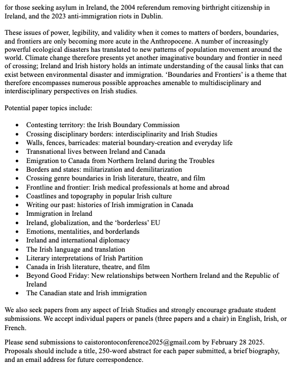 CAIS_Irish's tweet image. Announcing 2025 meeting of @CAIS_Irish! "Boundaries, Borders, and Frontiers in Irish Studies" June 11-13, Toronto @YorkUniversity+@uStMikes. Deadline: February 28. Keynotes: Katy Hayward, Garrett Carr @QUBelfast + Anna Teekell @CNUcaptains. CFP and more details in 🧵#irishstudies