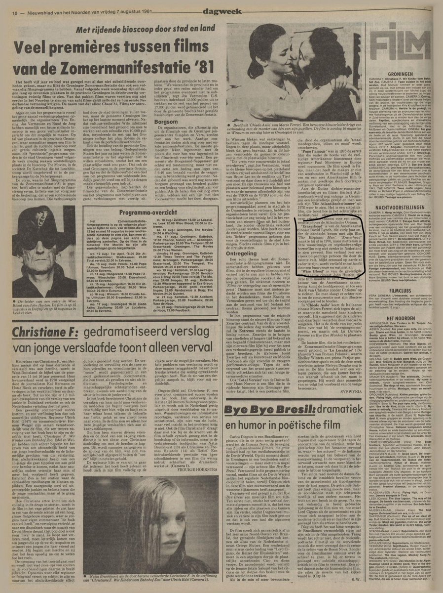 David Lynch. Fan sinds z'n korte films en Eraserhead, de film die ik tot ergernis van de vaderlandse bioscopen een Nederlandse première in de rijdende bios in de provincie en in de parkeergarage bij de Grote Markt in Groningen gaf. Legendarisch!