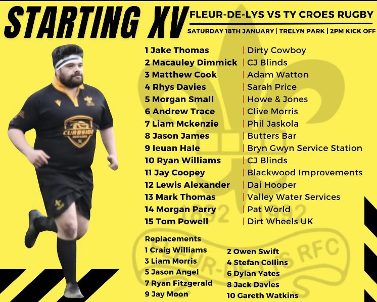 Here’s your Matchday squad for tomorrows Welsh Cup Quarter Final against <a href="/Tycroes_RFC/">Clwb Rygbi Tycroes</a> let’s get down the park and support the boys.

We look forward to welcoming our visitors and their large contingent of travelling support for what is sure to be a huge battle #uppafleur⚜️