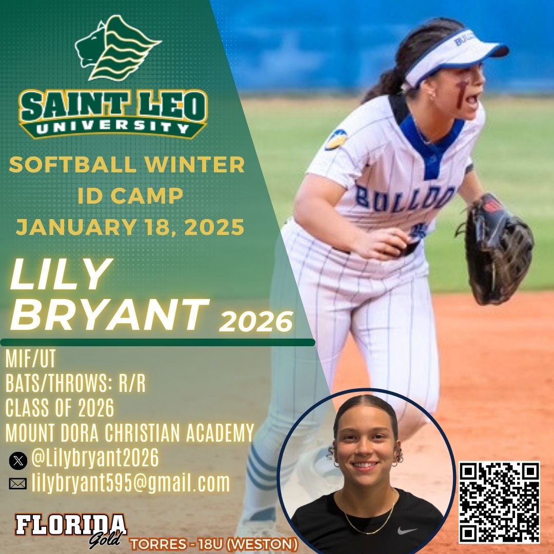 FLORIDA GOLD TORRES - 18U (Weston) (@fl_gold_torres) on Twitter photo Good Luck to our player Lily Bryant who will be attending <a href="/SaintLeoSB/">Saint Leo Softball</a> Softball Winter ID Camp tomorrow, 1/18. Show out Lily! <a href="/Lilybryant2026/">Lily Bryant</a> <a href="/EKinberger/">Erin Kinberger</a> <a href="/Zcarv_1/">Zack Carver</a> <a href="/saintleocoach/">Coach Pat</a> <a href="/CoastRecruits/">Coast 2 Coast Recruits</a> <a href="/SBRRetweets/">Softball Recruiting Reposts</a> <a href="/Sports_Recruits/">SportsRecruits</a> <a href="/TopPreps/">SPORTS NEWS, VIDEOS, GRAPHICS, EXPOSURE & MORE</a> <a href="/ondecksoftball/">OnDeck Softball 🥎</a> <a href="/Get2CollegAth/">Get 2 College Athletics</a> <a href="/SoftballDown/">Down South Softball</a> Good Luck to our player Lily Bryant who will be attending <a href="/SaintLeoSB/">Saint Leo Softball</a> Softball Winter ID Camp tomorrow, 1/18. Show out Lily! <a href="/Lilybryant2026/">Lily Bryant</a> <a href="/EKinberger/">Erin Kinberger</a> <a href="/Zcarv_1/">Zack Carver</a> <a href="/saintleocoach/">Coach Pat</a> <a href="/CoastRecruits/">Coast 2 Coast Recruits</a> <a href="/SBRRetweets/">Softball Recruiting Reposts</a> <a href="/Sports_Recruits/">SportsRecruits</a> <a href="/TopPreps/">SPORTS NEWS, VIDEOS, GRAPHICS, EXPOSURE & MORE</a> <a href="/ondecksoftball/">OnDeck Softball 🥎</a> <a href="/Get2CollegAth/">Get 2 College Athletics</a> <a href="/SoftballDown/">Down South Softball</a>