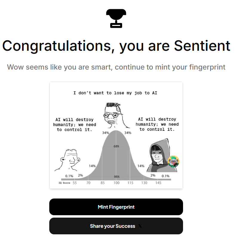 johncoffeekoin's tweet photo. Anh em làm test Sentient Fingerprint để claim Dobby nhé
Chỉ có 3 lần thử, 15 câu trắc nghiệm, mỗi câu sẽ chỉ có 45 giây. Mình thấy mỗi người sẽ có 1 đề khác nhau. Anh em làm theo cách mình hướng dẫn nhé.

Link:
https://t.co/yRN19pyf0H
Bật thêm 1 tab AI song song
https://t.co/PEZXp1UV3E

Câu hỏi trắc nghiệm vừa ra là copy toàn bộ vô cho AI giải đề liền, thường AI chỉ giải trong 5-10s đổ lại nên anh em an tâm.
Xong rồi thì lưu key, kết nối ví và tiến hành Mint Fingerprint.