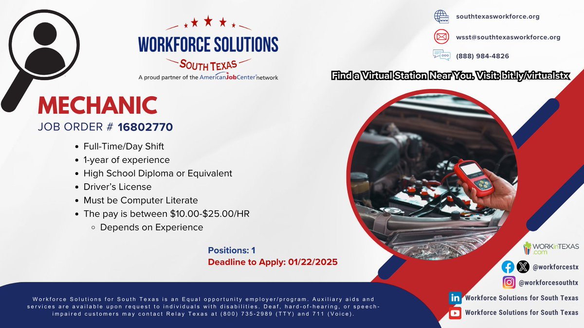workforcestx's tweet image. A car sales agency is looking to hire a Mechanic. The job seeker must have 1 year of experience and be computer literate.
All those interested can apply through WorkInTexas tinyurl.com/23jqp38o

#FutureFocusedFriday