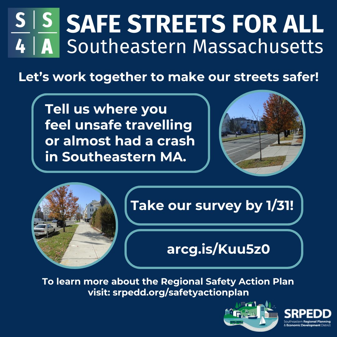 SRPEDD is creating a plan for making our streets safer for all road users in Southeastern MA. Complete the survey at arcg.is/Kuu5z0 to tell us about areas where you have experienced near misses and have felt most unsafe. Survey closes 1/31/25!