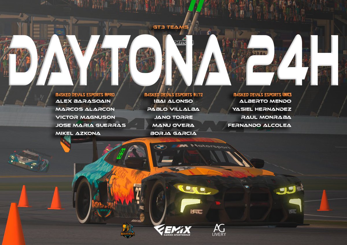 m4sked_devils's tweet photo. Sacamos 3⃣ GT3 para las #Daytona24 @iracing

🏎️ M4sked Devils eSports #PRO
👥 @AleBarasoain @markinho_AG @VRMagnusson @xemakina @mazconaoficial (invitado de lujo)

🏎️ M4sked Devils eSports #172
👥 @cactus_griego @Pabliko007 @torre_jano @manu_overa @GartxiGR7 

🏎️ M4sked Devils eSports unics
👥 @ArcaKiros @xander_ftw @Monra95 @FerAlcolea92 

⏰ En el slot de las 13:00

#GoDevils 😈