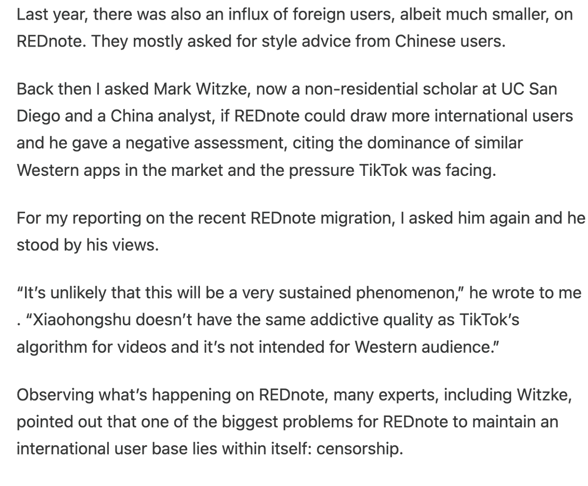 mkwitzke's tweet photo. I was quoted in @VOAChinese China yesterday by @ThisIsWenhao on Xiaohongshu/Rednote. My earlier prediction of XHS not being able to attract many western users seems to have been disproven for now but I still don't think it can be a sustainable phenomenon. https://t.co/YXN5UbwfIC