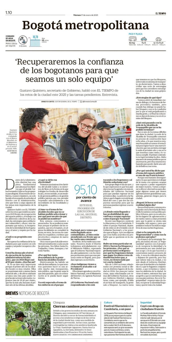 GobiernoBTA's tweet photo. Nuestro secretario, @GAquinteroA, compartió con @ELTIEMPO los retos clave para @GobiernoBta en 2025: recuperación del espacio público, trabajo con colectivos ciudadanos, apoyo a poblaciones vulnerables y fortalecimiento de la bogotaneidad.  

📲 Mira la entrevista completa aquí: ���🏼 https://t.co/A6By5q6HCY