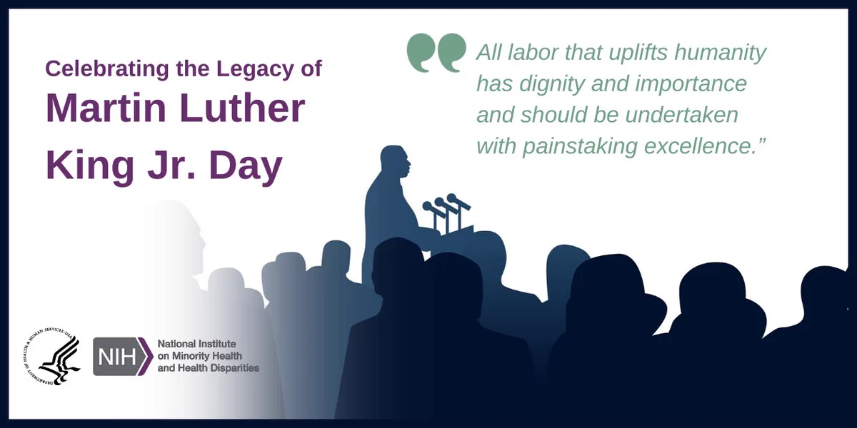 Graphic for Martin Luther King Jr. Day featuring a silhouette of Dr. King at a podium, with a quote: "All labor that uplifts humanity has dignity and importance and should be undertaken with painstaking excellence.” Includes logo for the National Institute on Minority Health and Health Disparities.