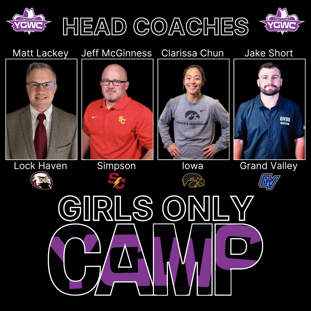 ygwccamps's tweet image. The premier Girls-Only Wrestling Camp of 2025:

YG Girls-Only Camp now has 4 Women's College Head Coaches

@Haven_Wrestling  of @LockHavenWWrest  
@jeffmcginness of @SimpsonWWrestle 
@ClarissaChun  of @IowaW_Wrestling 
@Coach__Short  of @GVSUWWrestling 

tinyurl.com/yggirlscamp