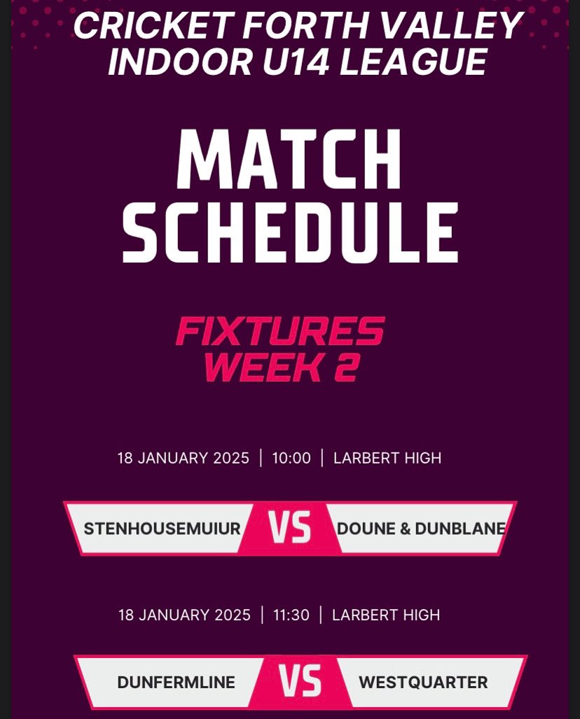 🚨U14 Team Announcement 🚨

Second game of the cricket forth valley indoor tournament tomorrow 🏏🏏🏏

📍Larbert High
⏰ 10am 
📆 18th January

Go well guys!!!!
