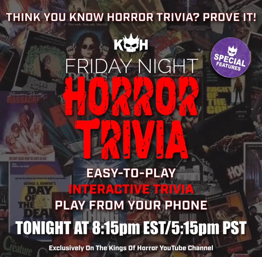 Join us tonight at 8:15pm EST/5:15pm PST for Horror Trivia! 10 Questions. Easy-To-Play!

Link To Trivia: youtube.com/live/E6TjcJ35F…

Patreon: patreon.com/KOHOnPatreon

YT Membership: youtube.com/channel/UCu0bx…