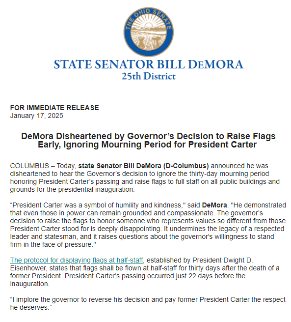President Carter deserves time for mourning. I hope the Governor reverses this decision and keeps state flags at half mast. See my full thoughts below:
