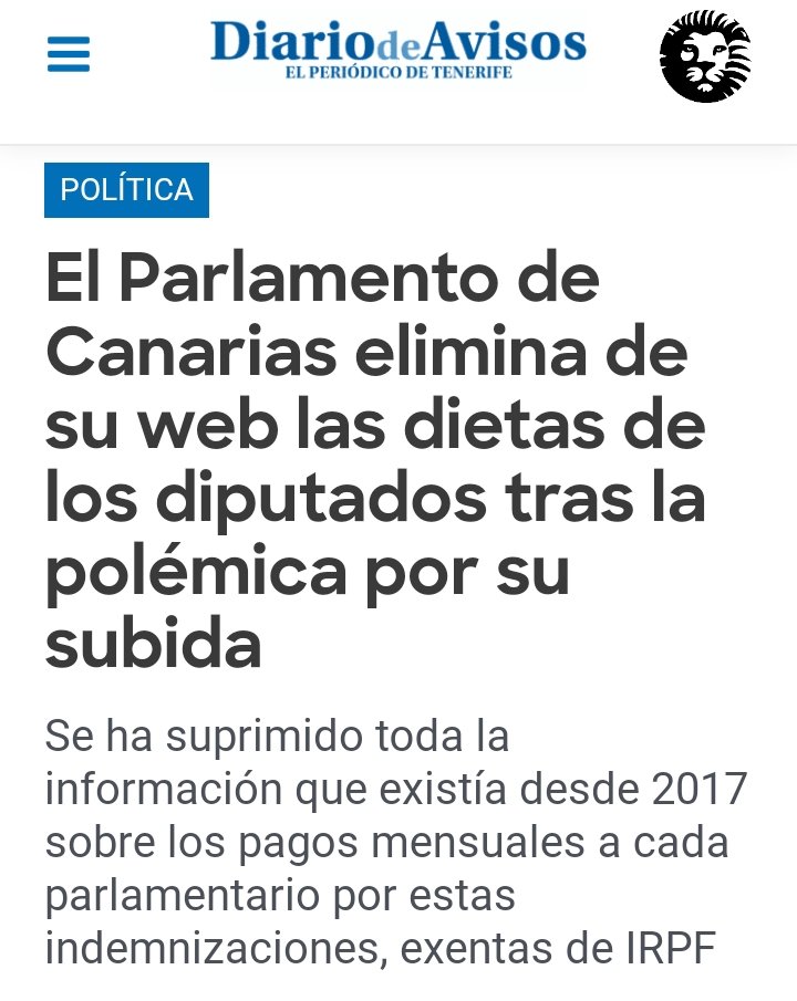 Esto es lo último que nos faltaba. ¡¡¡VERGÜENZA!!!

<a href="/parcan/">Parlamento Canarias</a>

"El Parlamento de Canarias elimina de su web las dietas de los diputados tras la polémica por su subida"