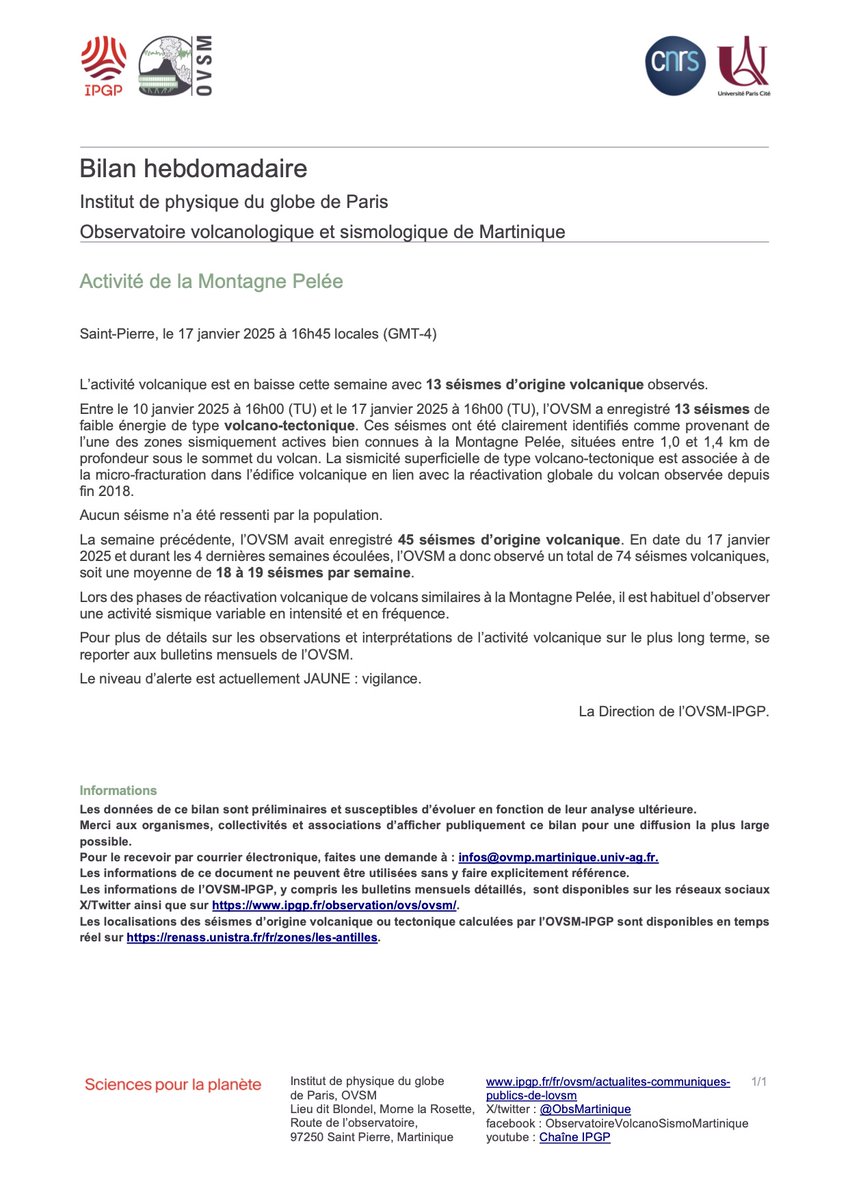 Le bilan hebdomadaire de l’activité de la Montagne Pelée pour la période du 10 au 17 janvier 2025 est disponible. Retrouvez les bilans précédents sur le site de l'OVSM-IPGP: ipgp.fr/fr/ovsm/bilans