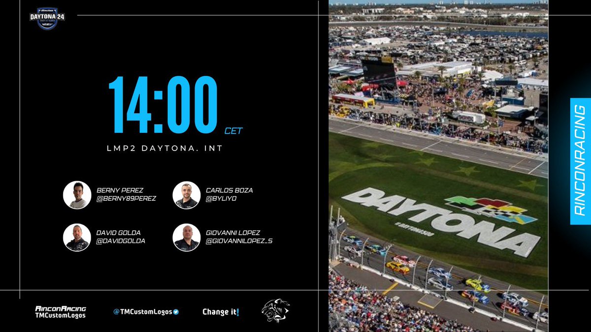 EVENTO ESPECIAL!🏁

24hs DAYTONA🏁

Vamos con el evento del año, donde sacamos dos coches a pista, P2 y GT3, en busca de completar una endurance de mucho esfuerzo!🔥🔥🔥

LMP2:

RinconRacing TMCustomLogos.
🙎🏻‍♂️<a href="/ByLiyo/">Carlos Boza</a> 
🙎🏻‍♂️<a href="/Berny89Perez/">Berny Pérez</a> 
🙎🏻‍♂️<a href="/DavidGoldarace1/">David Goldaracena</a> 
🙎🏻‍♂️<a href="/giovannilopez_s/">Giovanni López</a>