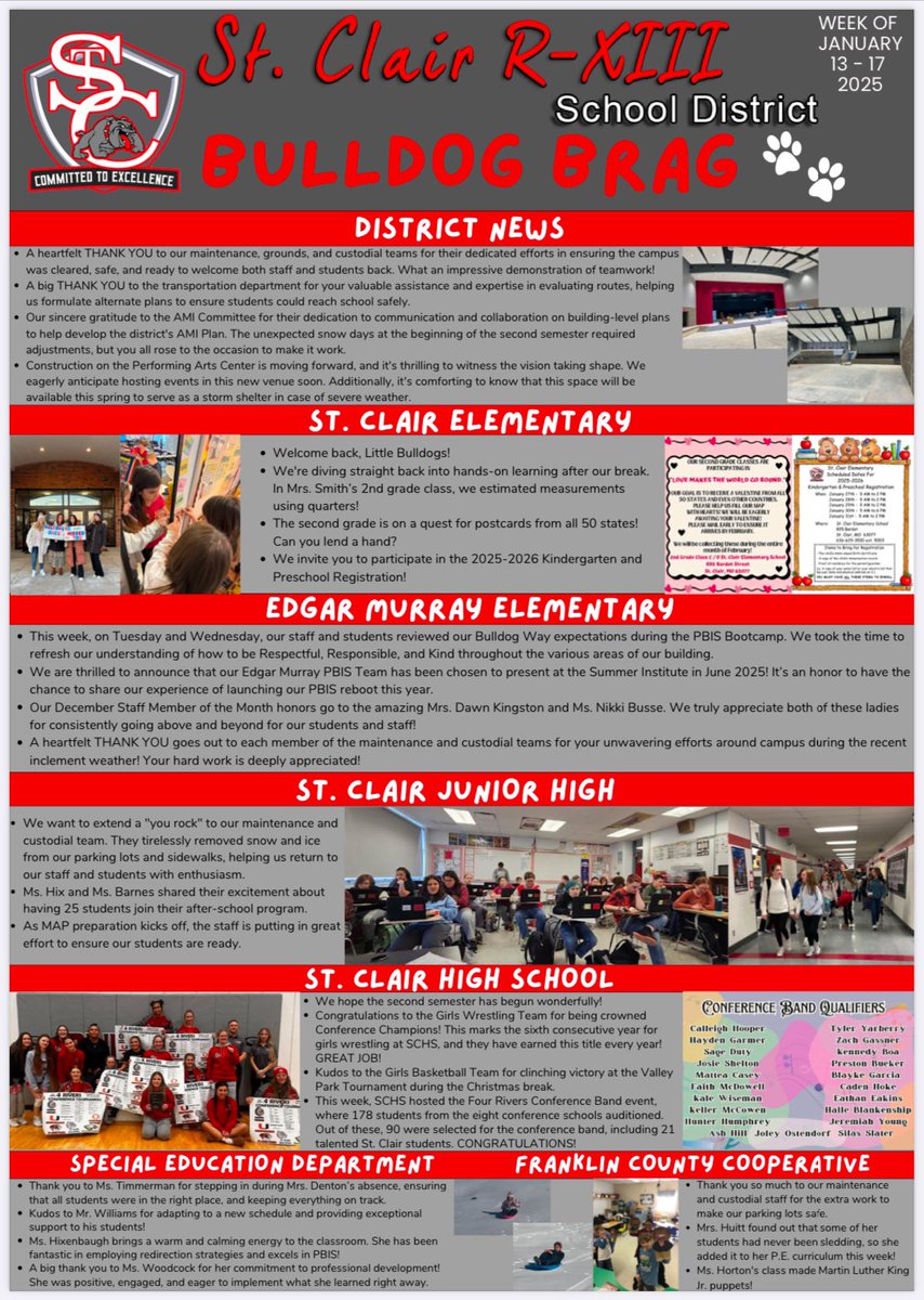 StClairR13's tweet photo. This year, we launched a weekly newsletter called the Bulldog Brag to keep staff members informed about the important happenings throughout our district. We've decided to expand this communication tool beyond our staff by sharing it with parents and community members. https://t.co/rpmu9VdFuu