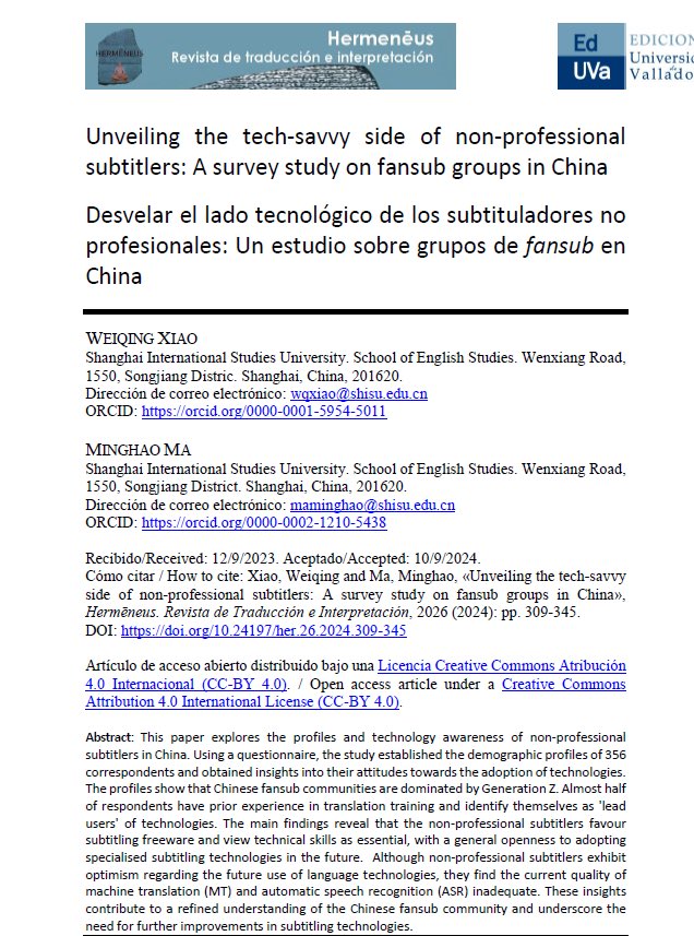 maminghao's tweet photo. Thrilled to share the first good news of 2025! Our new article on Chinese non-professional subtitlers is now available in @Hermeneus_Trad ! This work is a collaboration with my supervisor Prof. Weiqing Xiao.
Here is the link:  https://t.co/J7gWA7YKlr https://t.co/sDUZe2I8VN