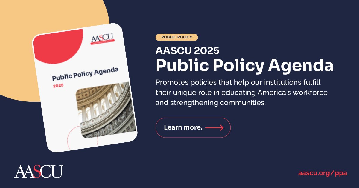 AASCUPolicy's tweet image. AASCU’s 2025 Public Policy Agenda is here!

Focused on affordability, campus operations, and quality, it aims to strengthen the federal-state partnership and support regional public universities.

🔗 tinyurl.com/3d6sv5c4

#HigherEdPolicy