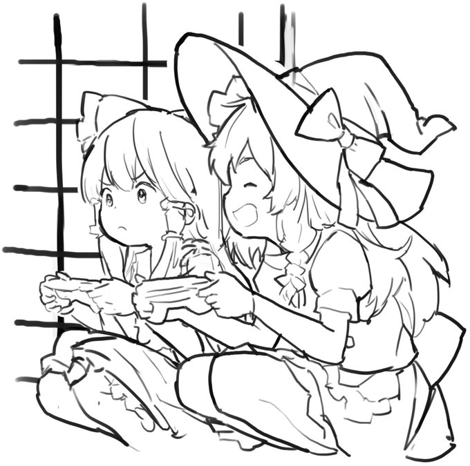 ゲームで遊んでる霊夢と魔理沙の座ってる位置を入れ替えてみた 