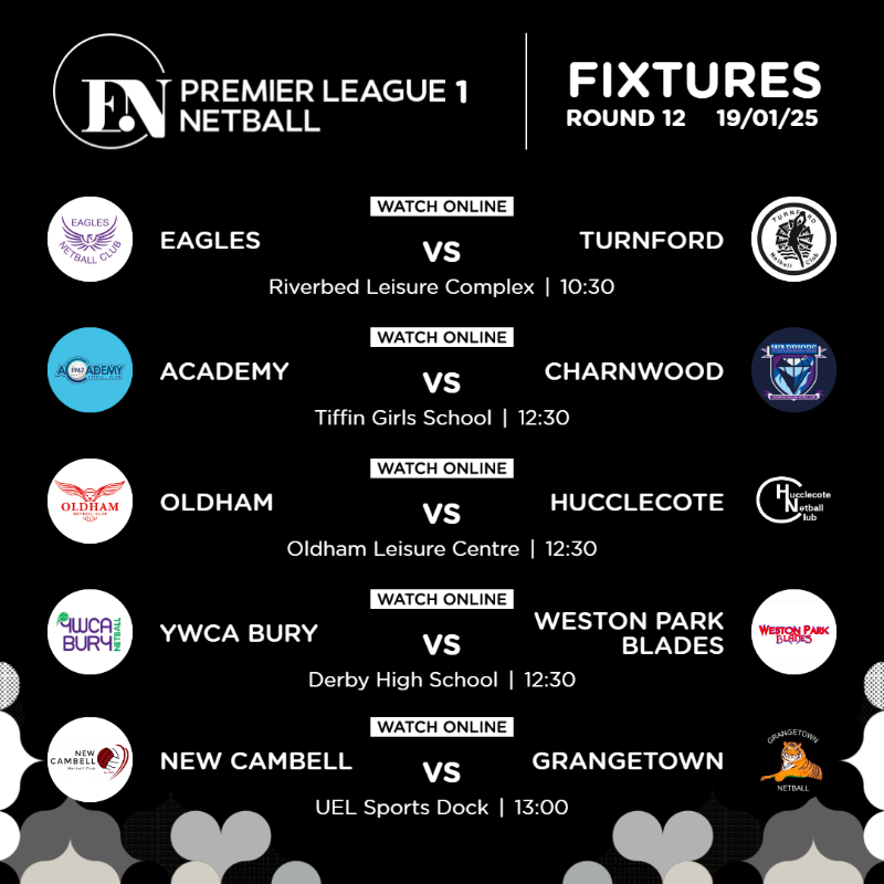 EnglandNetball's tweet photo. Round 12 coming up 🤩

The Premier League 1, 2 and 3 competitions are ready for more epic battles on court this Sunday ⚔️

See which games are available to watch live via England Netball TV 📺⬇️