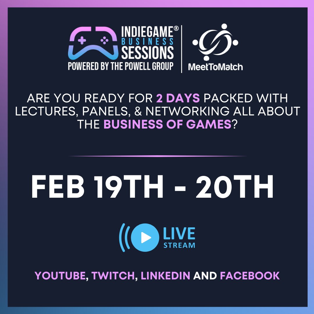 DigiBC (@digibc) on Twitter photo 📢 Mark your calendars for the IndieGameBusiness Sessions, a free 2-day virtual conference! Hear from amazing speakers & connect with fellow game devs and publishers. Plus, unlock unlimited meetings and opportunities with <a href="/MeetToMatch/">MeetToMatch</a>.
📆 Feb 19-20
➡️ bit.ly/3WmiOMM 📢 Mark your calendars for the IndieGameBusiness Sessions, a free 2-day virtual conference! Hear from amazing speakers & connect with fellow game devs and publishers. Plus, unlock unlimited meetings and opportunities with <a href="/MeetToMatch/">MeetToMatch</a>.
📆 Feb 19-20
➡️ bit.ly/3WmiOMM