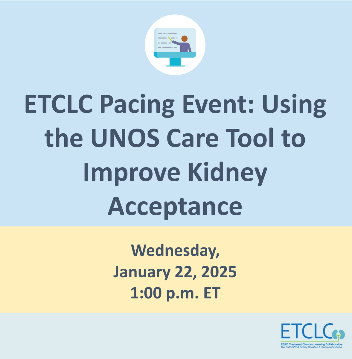 ETCLC1's tweet photo. ✏️ Mark your calendar for the ETCLC Quality Improvement Topic Meeting on Wednesday, January 22, at 1:00 p.m. ET.

🔎 Learn how the @UNOSNews #CARETool visualizes #OrganAcceptance and refusal over time by day, month, quarter, or year. Register here: https://t.co/gFKZP5Q6N3 

#ESRD https://t.co/5TrPmtQPJe
