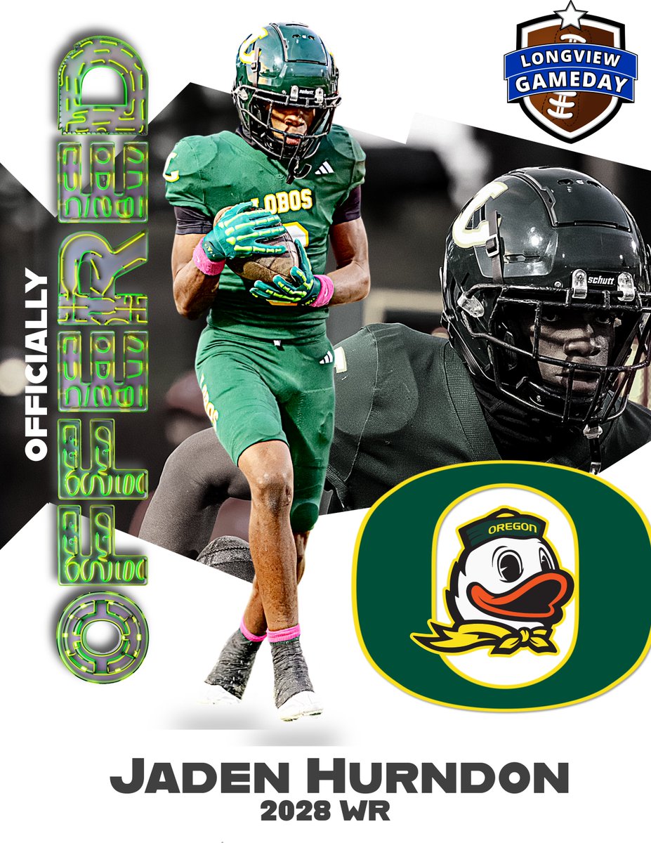 Longview Gameday (@longviewgameday) on Twitter photo 👀 Jaden Hurndon just picked up offer number 2 and its as big as they get. The Freshman has been offered by Oregon. Just wow.
His first 2 college offers are TCU and Oregon.
<a href="/JadenH_D1/">Jaden Hurndon</a> <a href="/oregonfootball/">Oregon Football</a> <a href="/samspiegs/">Sam Spiegelman</a> 👀 Jaden Hurndon just picked up offer number 2 and its as big as they get. The Freshman has been offered by Oregon. Just wow.
His first 2 college offers are TCU and Oregon.
<a href="/JadenH_D1/">Jaden Hurndon</a> <a href="/oregonfootball/">Oregon Football</a> <a href="/samspiegs/">Sam Spiegelman</a>