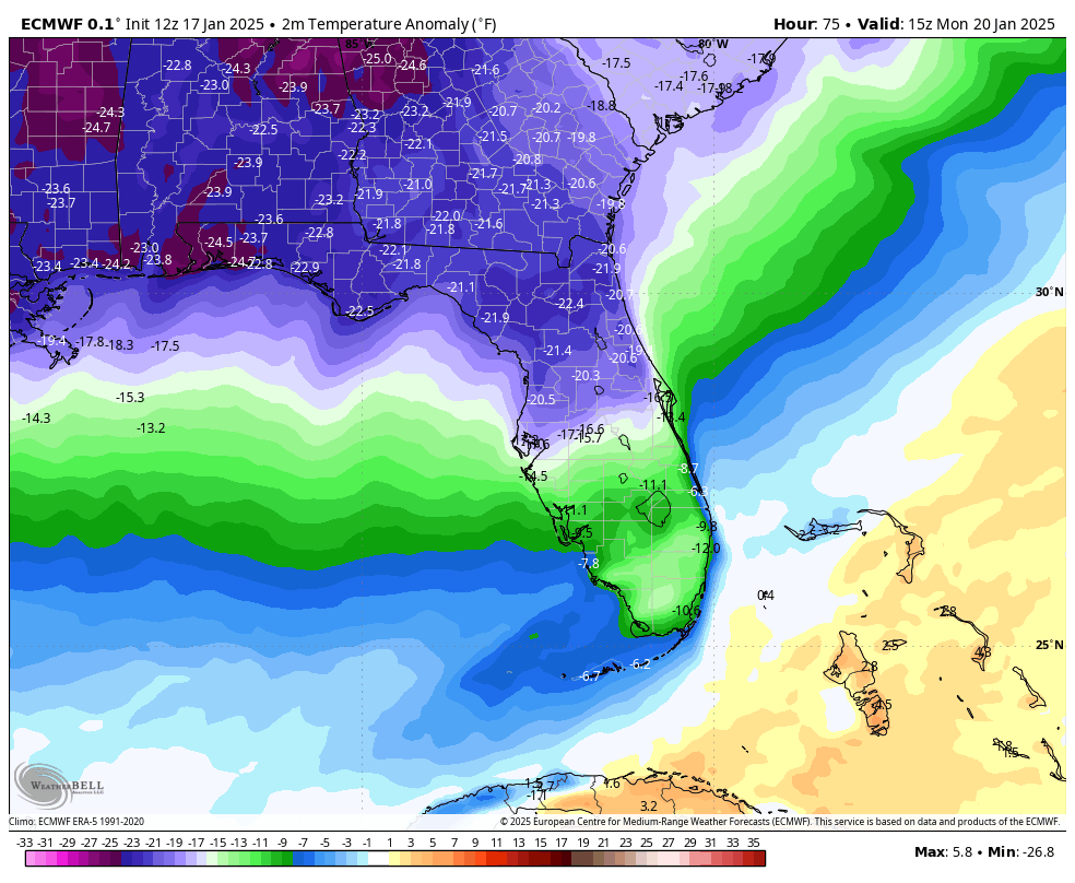 MetMeganB's tweet photo. Unlike the wintry precip forecast, confidence is high that bitterly cold temperatures arrive to a good portion of #FL next week. Temps could fall to 20 to 30 below normal by Wed. Onset and extent of cooling will rely on low pressure track. #FLwx https://t.co/c5wsEvGLKX