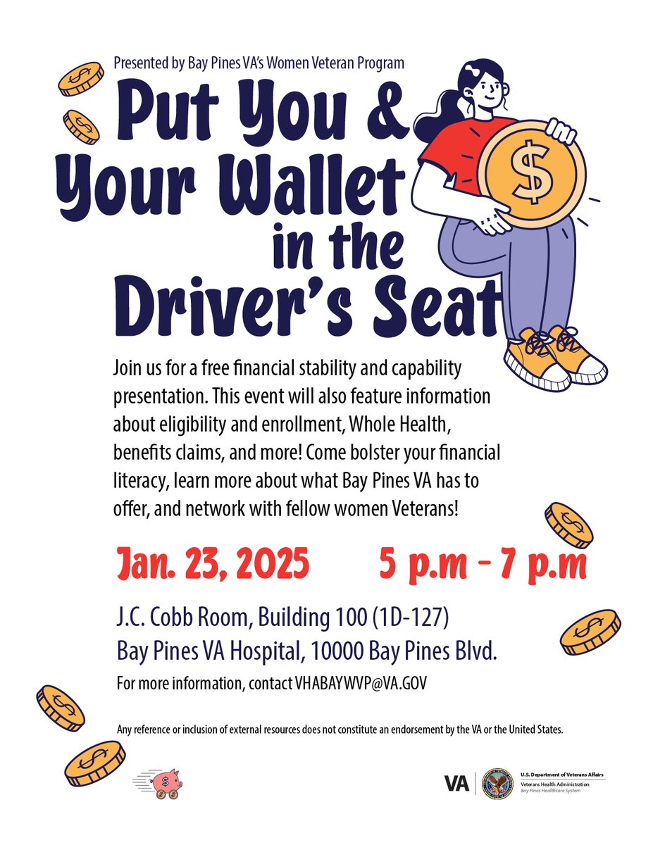 Women Veterans, remember to join us on Thursday for a free presentation on financial stability hosted by the Women Veteran Program!

Where: C.W.Y. VAMC Campus in the J.C. Cobb
When: Thursday, Jan. 23 from 5 - 7 p.m.

Questions? Email VHABAYWVP@va.gov