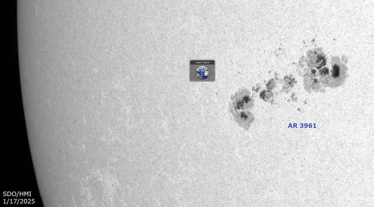 Although active sunspot region 3964 is stealing the spotlight today, AR 3961 located in the southeast quadrant continues to expand and is quietly becoming a behemoth. This region could eventually become a flare producer as its magnetic complexity continues to evolve.