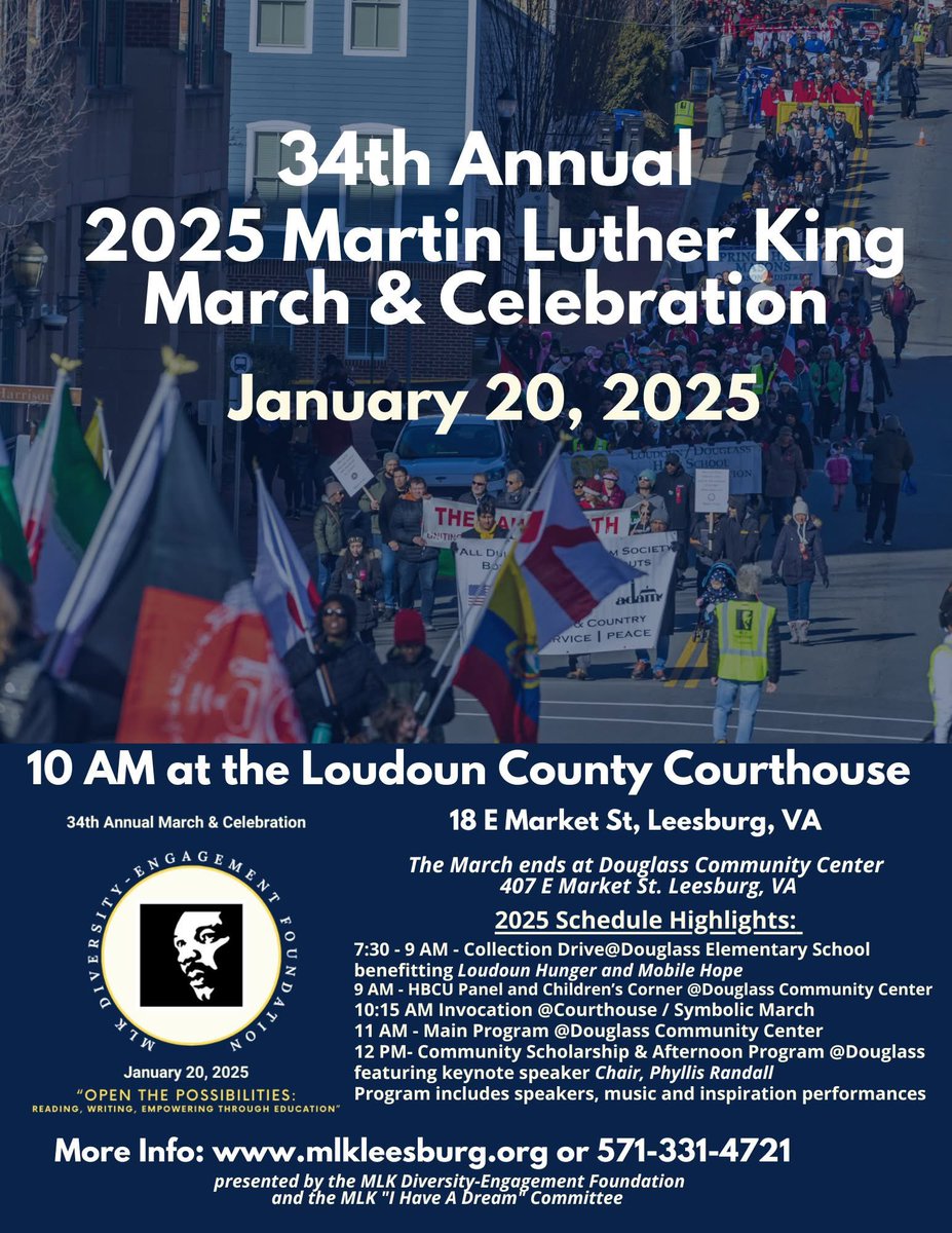 MLKMarch's tweet image. Our annual #MLKMarch is this Monday, details below and at mlkleesburg.org/2025-34th-annu…

This is an all weather event and will not be cancelled due to inclement weather.