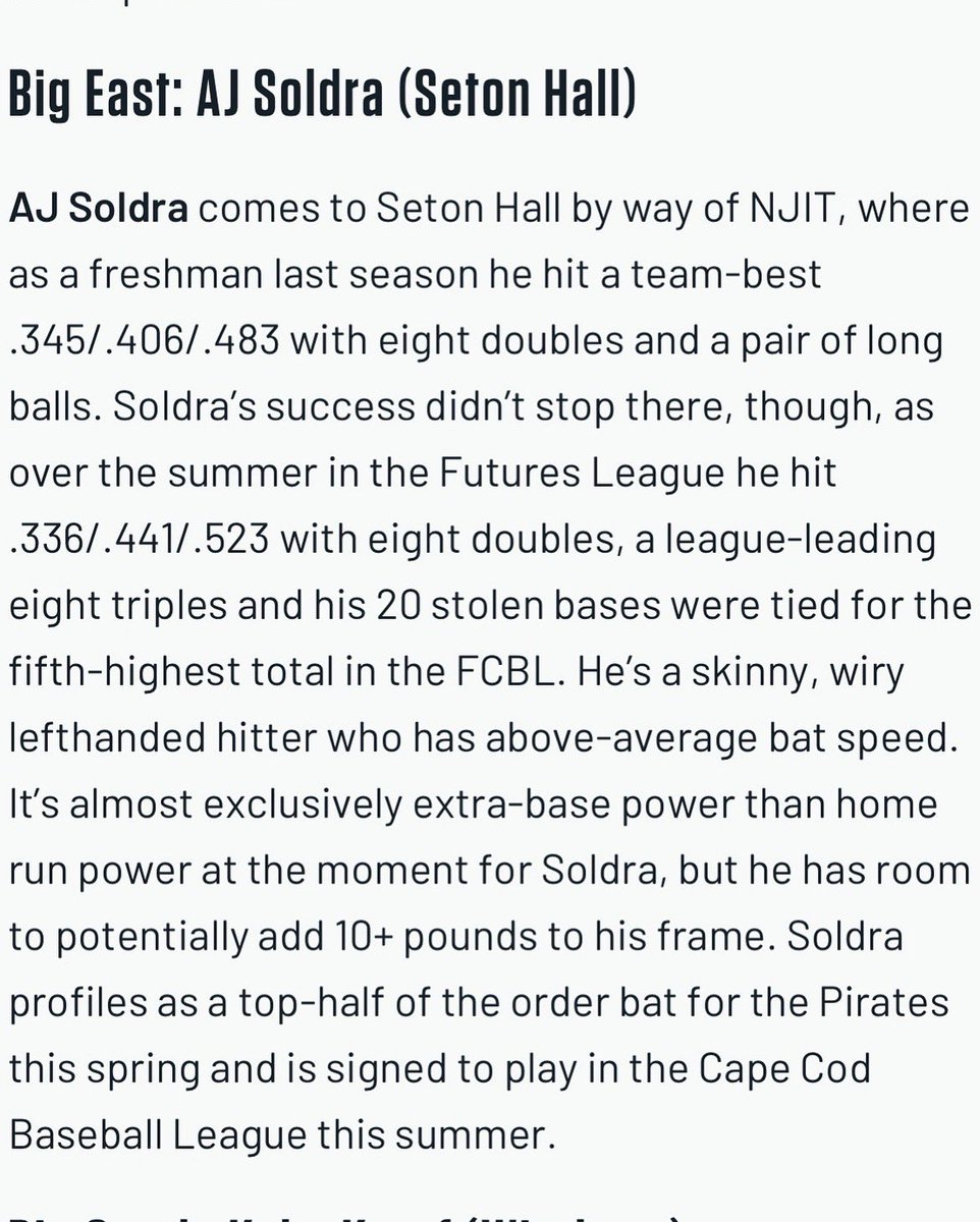 Congratulations Aj Soldra for being named as the best transfer in the BIG EAST conference by <a href="/BaseballAmerica/">Baseball America</a> ‼️⚾️🏴‍☠️

#HALLin🔵⚪️ #NeverLoseYourHustle