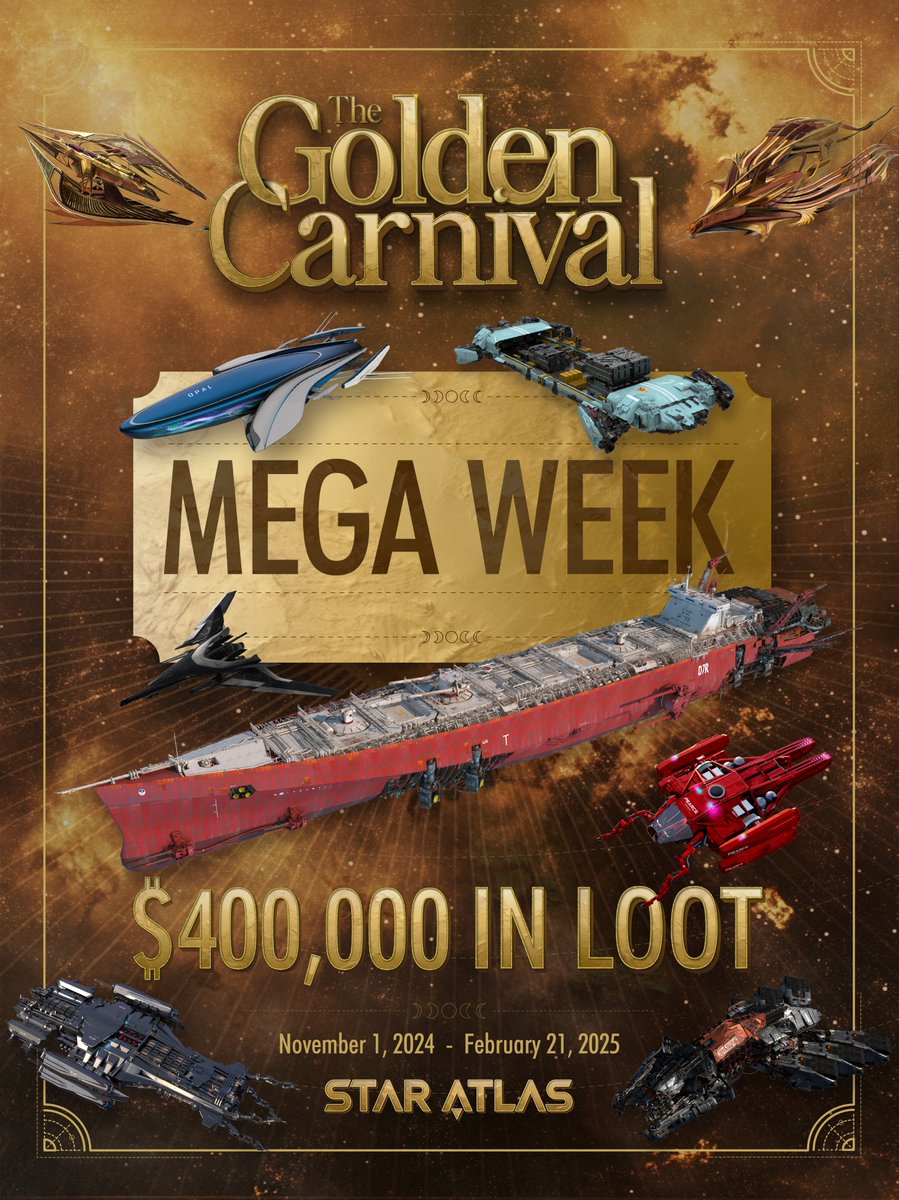 $400,000+ in Star Atlas loot, chosen by the community, is up for grabs in the second-to-last Mega Week of the Golden Carnival! 🎪

Submit your Golden Tickets now until January 24!

🔗 Learn more: medium.com/star-atlas/sta…