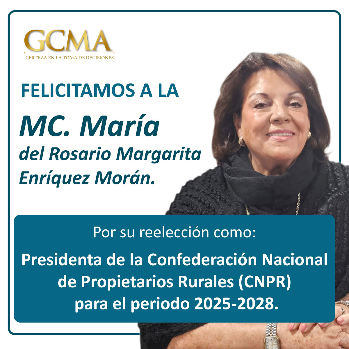 🎉 ¡Felicitaciones, M.C. Rosario Margarita Enríquez Morán!

Desde el GCMA, celebramos su reelección como Presidenta de <a href="/CNPRmx/">CNPR</a> para el periodo 2025-2028.

🌾 Confiamos en su #Liderazgo para seguir fortaleciendo al #AgroMexicano y el #CampoMexicano. ¡Éxito en esta nueva etapa!