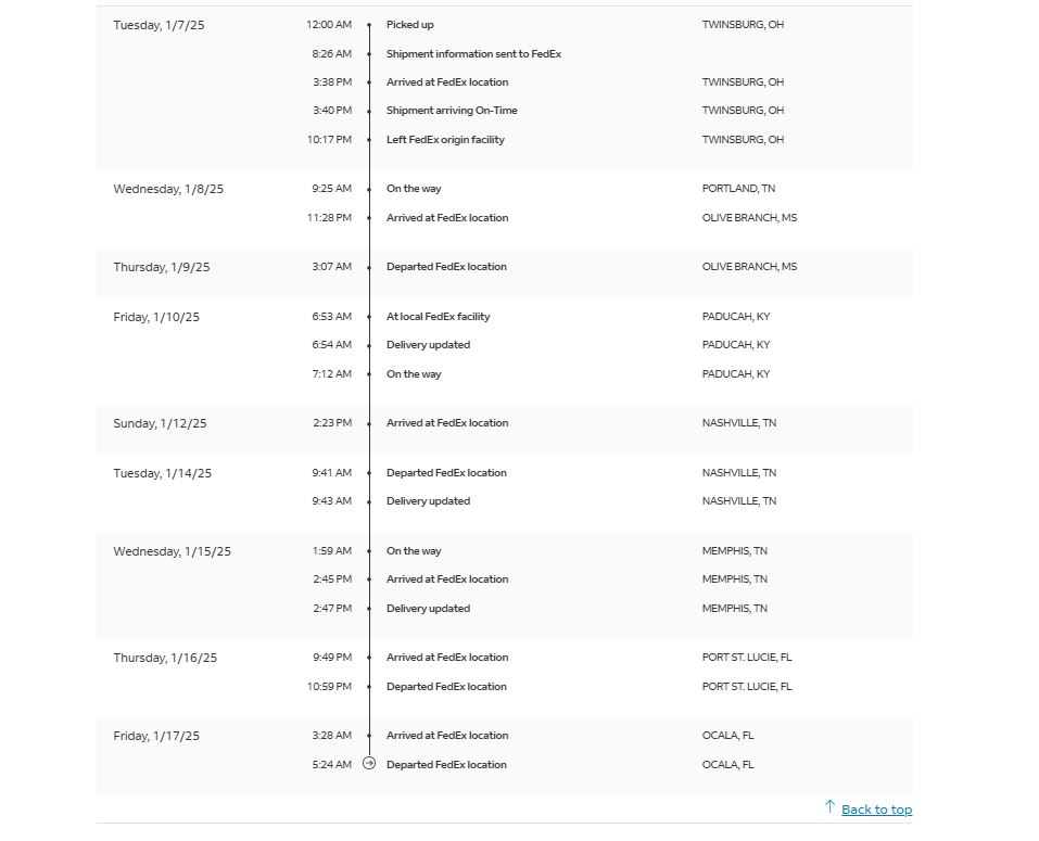 gohogs911's tweet photo. @FedEx 

Do better!  Freaking ridiculous a shipment sent on 1/7 still has not arrived and only appears to be farther away.  Pathetic! https://t.co/VEUMXRzd6N