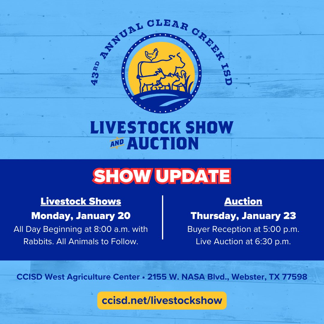 There has been an update to the schedule for the 43rd Annual CCISD Livestock Show next week. All shows will now be held on Monday, Jan. 20, beginning with rabbits at 8 a.m. The Live Auction will still be held on Thursday, Jan. 23, at 6:30 p.m. MORE: ccisd.net/livestockshow