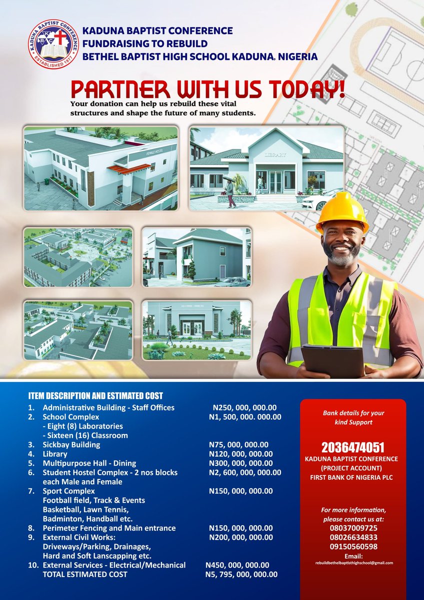 RebuildBBHSK's tweet photo. Join us in rebuilding Bethel Baptist High School! 🌟 Though wounded by the 2021 banditry attack, the school stands resilient. Together, let’s restore hope, rebuild dreams, and say YES to education and a peaceful future. 💪

Details in the card!
#RebuildBethel #EducationForAll https://t.co/BRU3x4zgdg